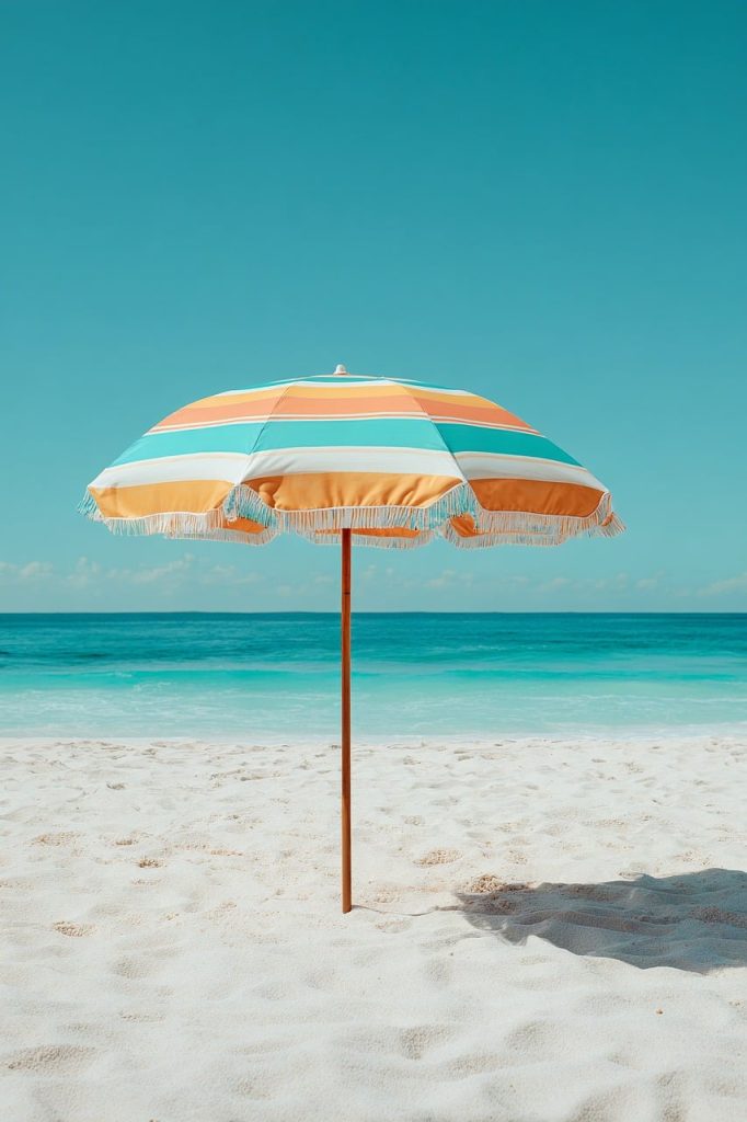 umbrella, beach, summer, nature, sand, teal, orange, sunny