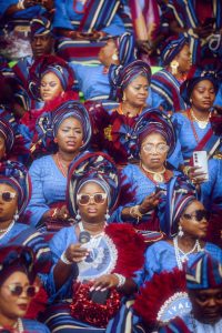 A colorful display of traditional African attire at a cultural festival in Lagos, Nigeria.