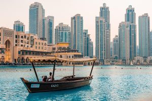 downtown, dubai, uae, tourism, city, people, buildings, sunset, water, nature, pond, boat